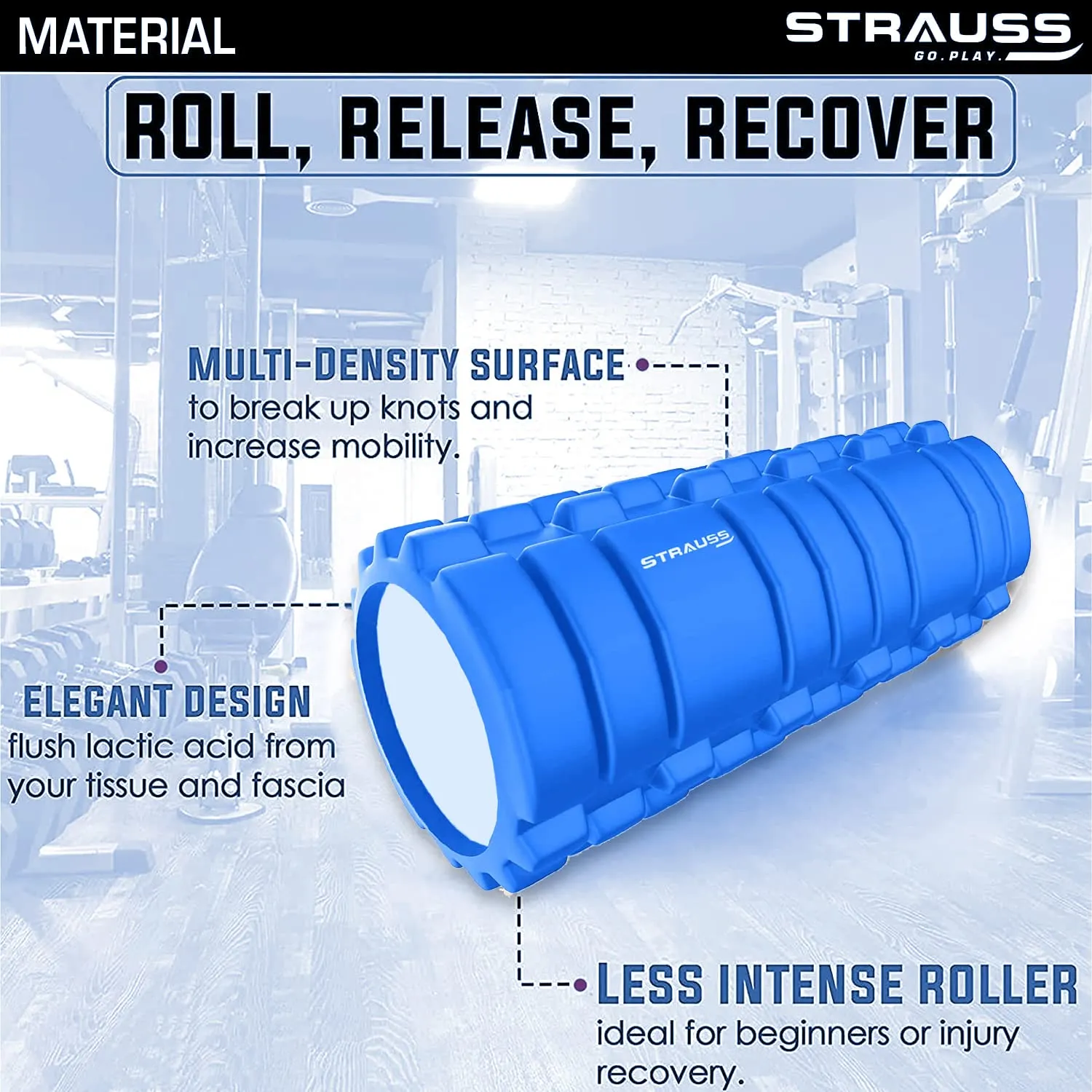 Strauss ST-1441 Grid Foam Roller (Black), 33 CM and Acupressure Massage Ball, 3.5-inch (Blue)