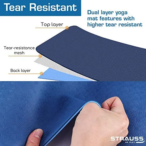 Strauss TPE Eco Friendly Dual Layer Yoga Mat, 6mm (Blue) and Yoga Mat Bag,Floral (Full Zip)