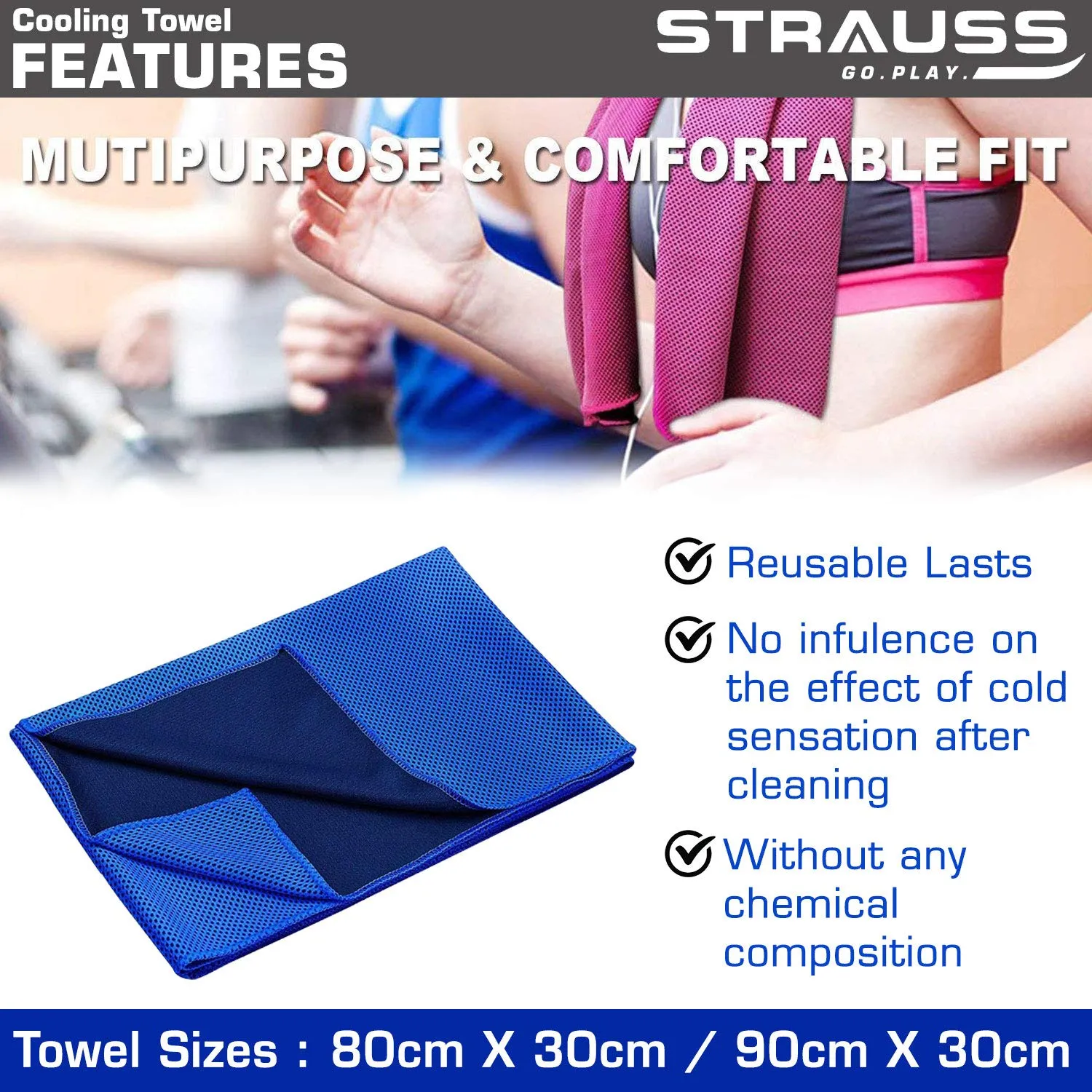 Strauss TPE Eco-Friendly Yoga Mat, 6mm (Blue) and Cooling Towel, 80 cm, (Blue)