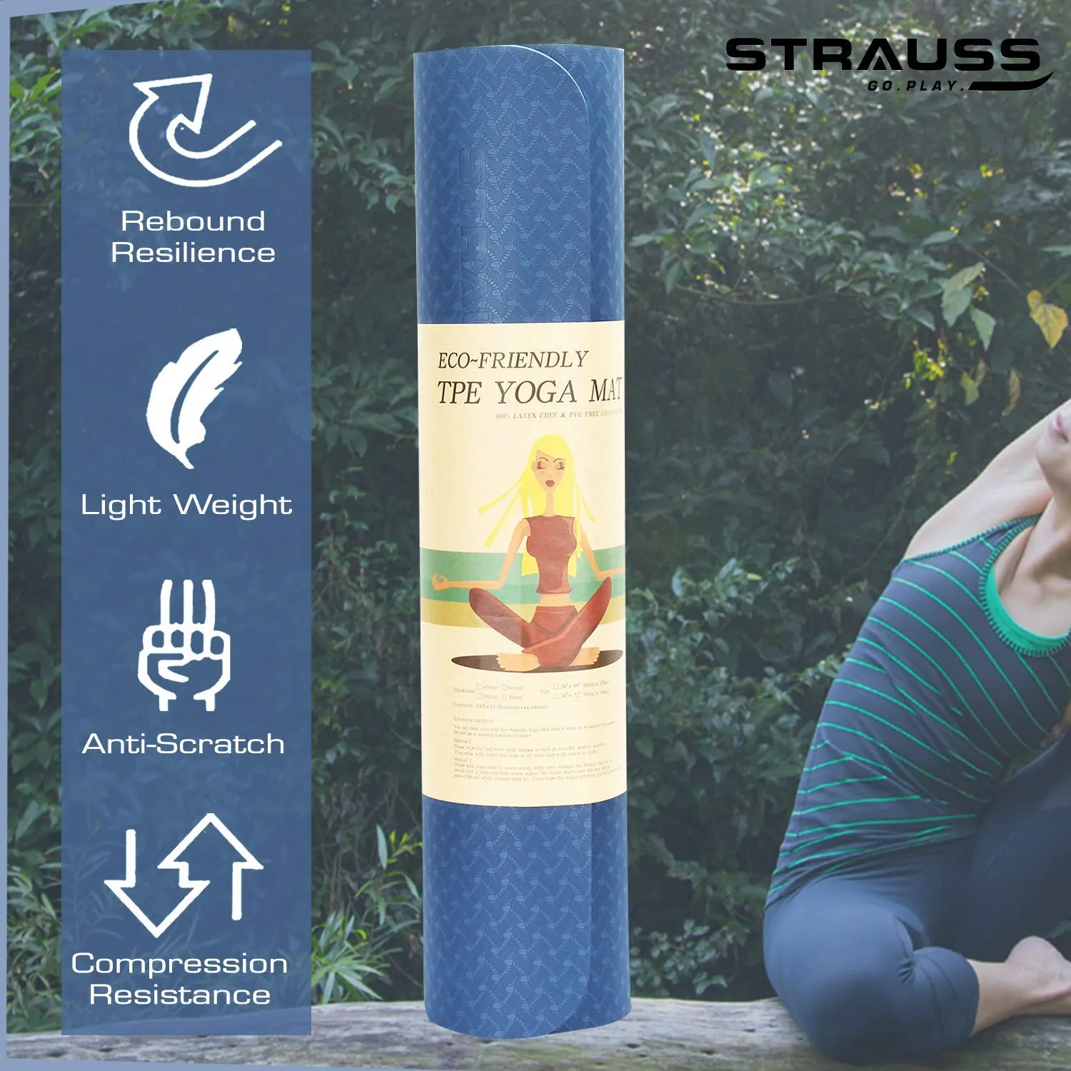 Strauss TPE Eco-Friendly Yoga Mat, 6mm (Blue) and Cooling Towel, 80 cm, (Blue)