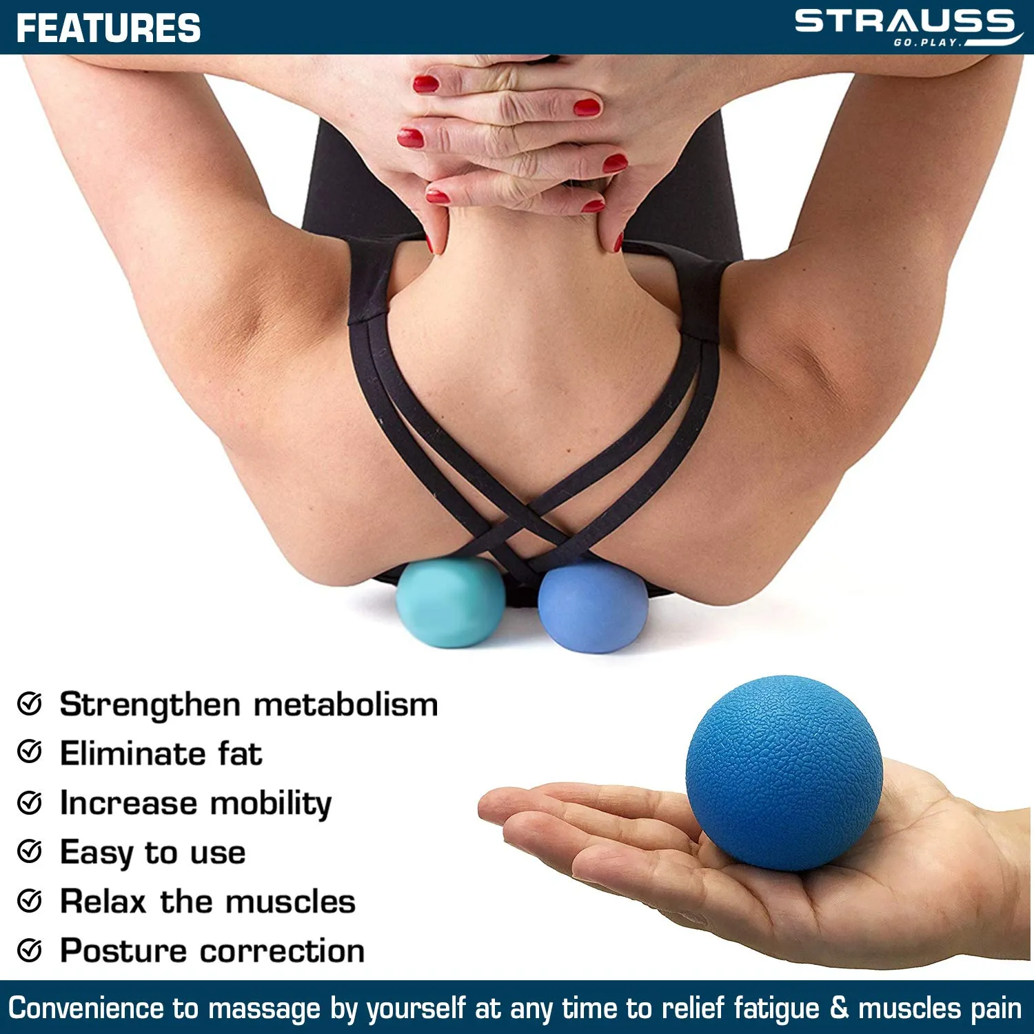 Strauss Yoga Massage Ball | Deep Tissue Massage, Trigger Point Therapy, Muscle Knots | High-Density Roller & Acupressure Ball for Pain Relief, (Blue)