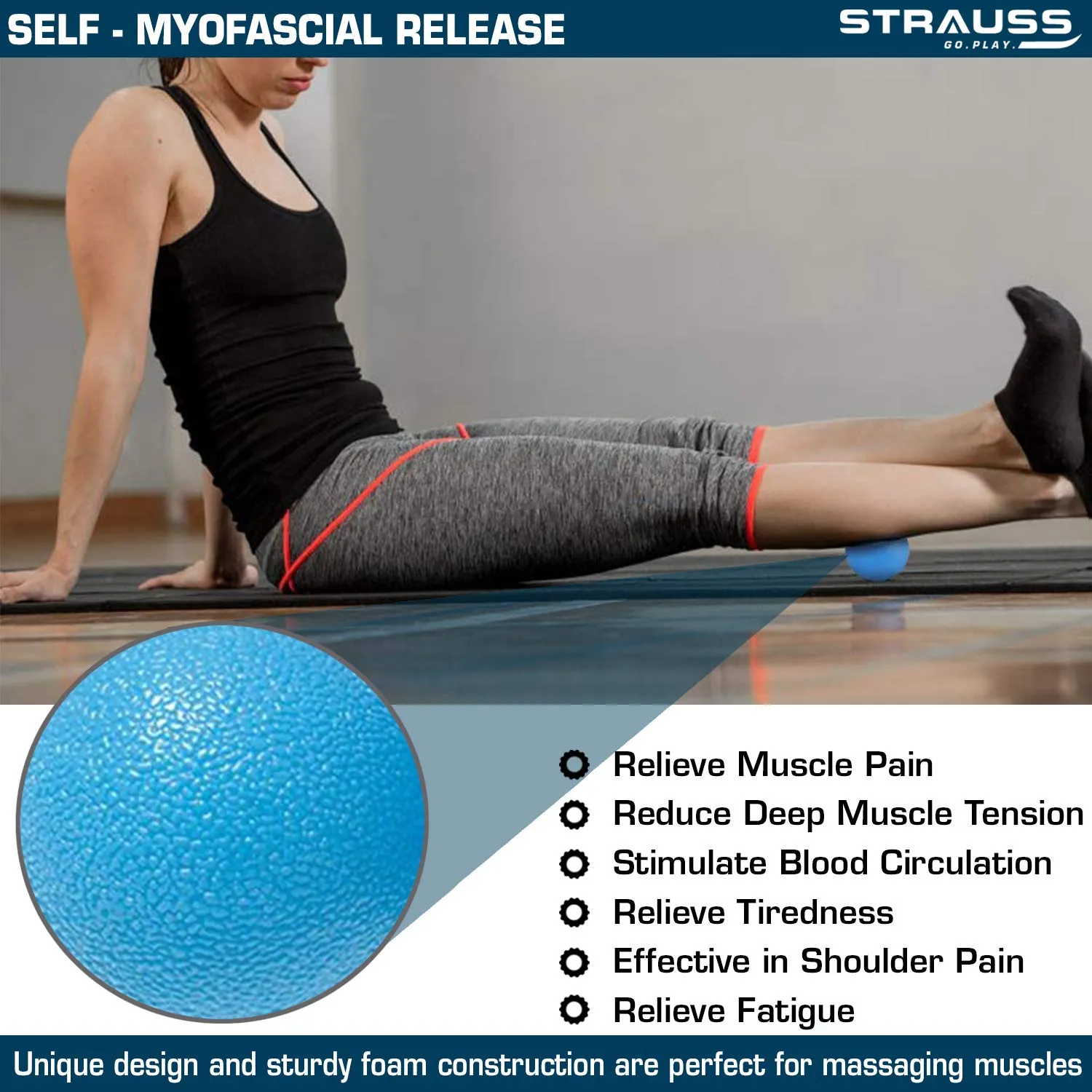 Strauss Yoga Massage Ball | Deep Tissue Massage, Trigger Point Therapy, Muscle Knots | High-Density Roller & Acupressure Ball for Pain Relief, (Blue)