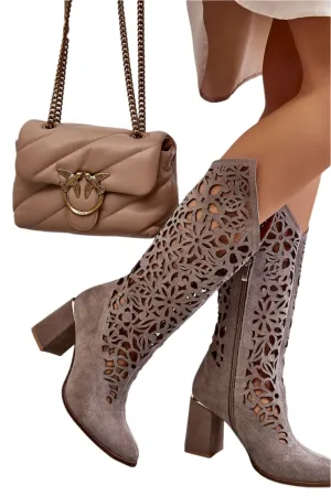 TEEK - Suede Openwork Knee-High Boots