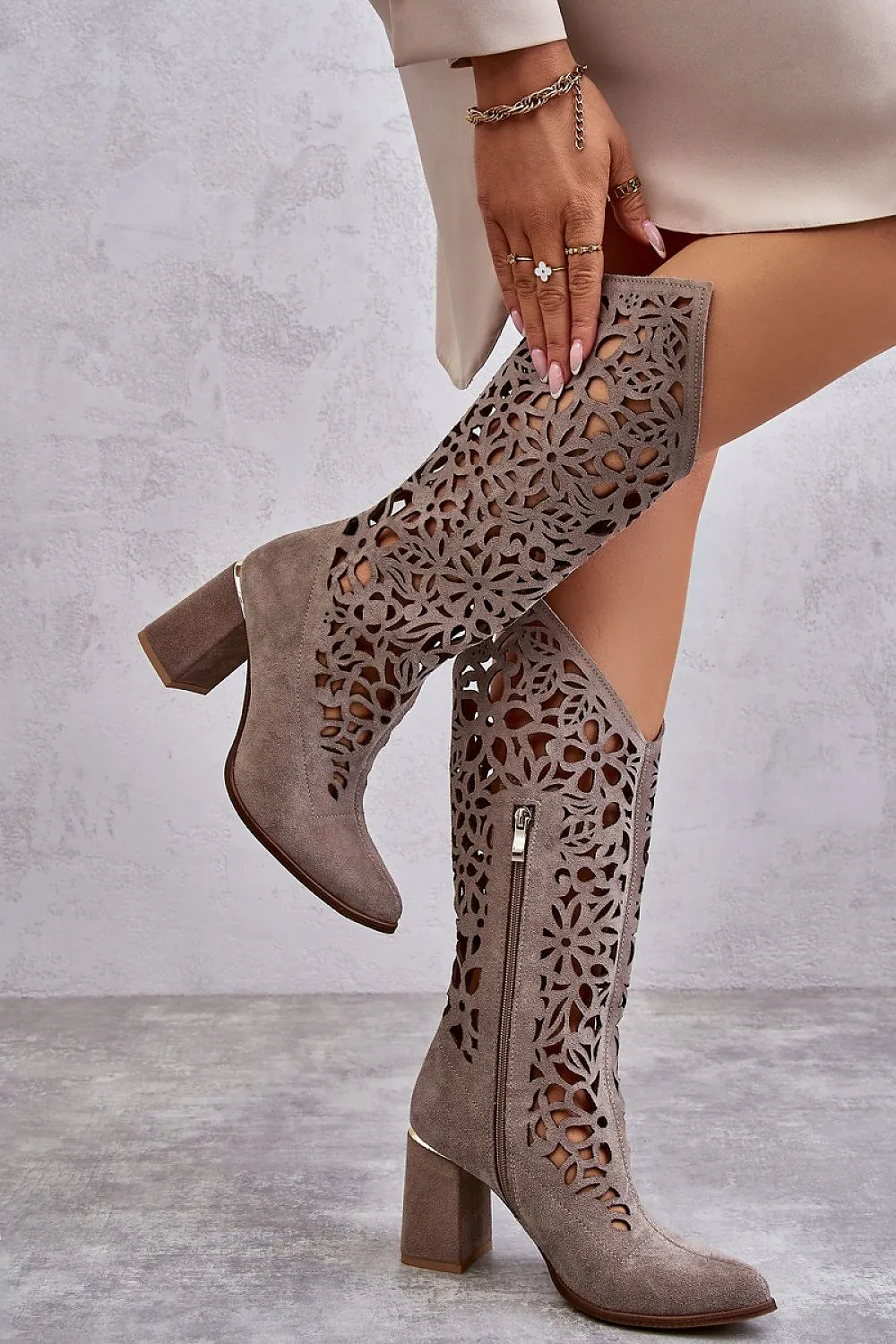 TEEK - Suede Openwork Knee-High Boots