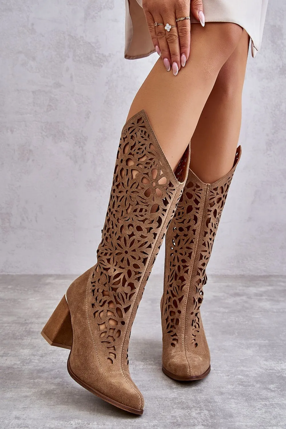 TEEK - Suede Openwork Knee-High Boots