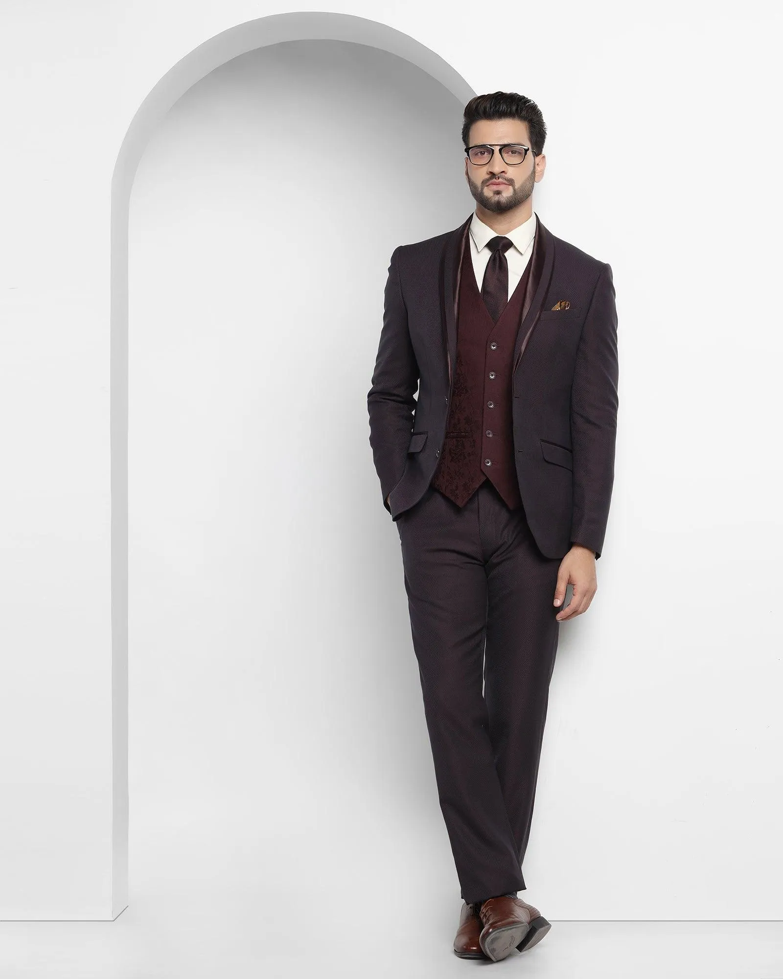 Tuxedo Three Piece Wine Textured Formal Suit - Fiesta