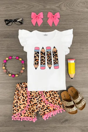 White Cheetah Pencil Pink Pom Pom Short Set