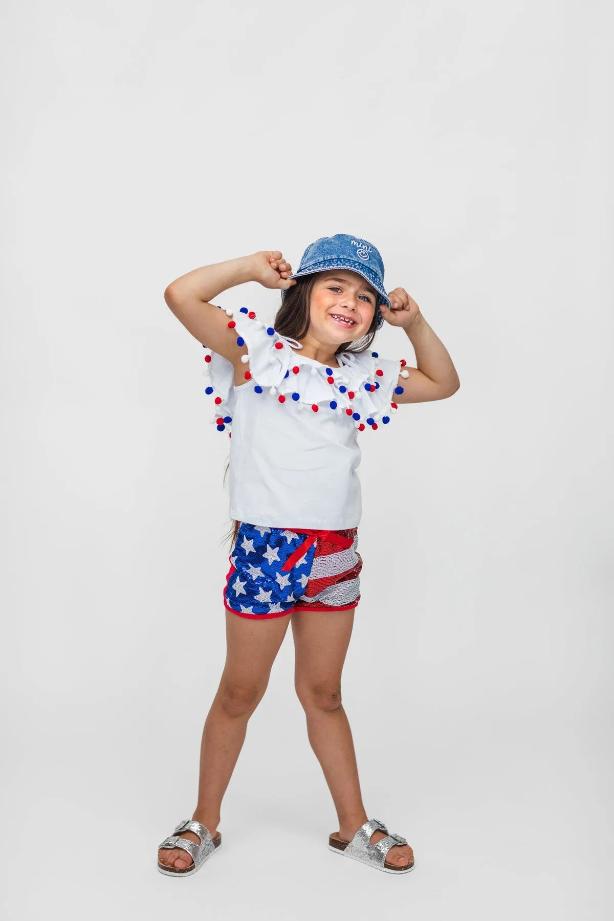 White Pom Pom Sequin Flag Short Set