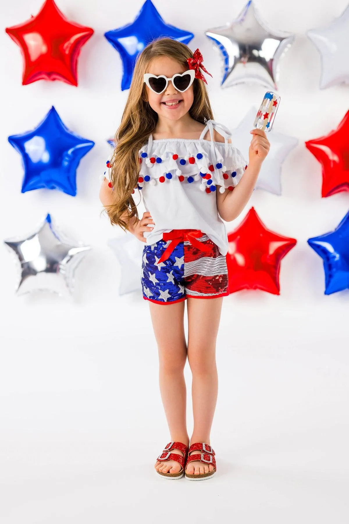 White Pom Pom Sequin Flag Short Set