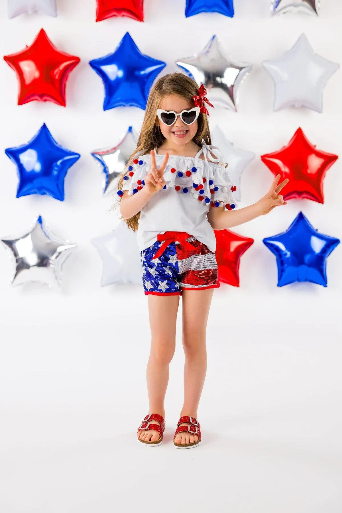 White Pom Pom Sequin Flag Short Set