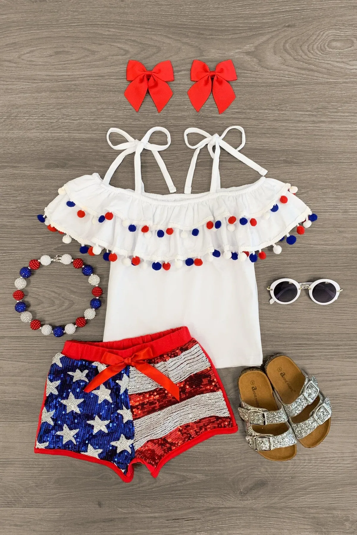 White Pom Pom Sequin Flag Short Set