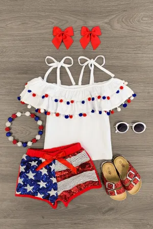 White Pom Pom Sequin Flag Short Set