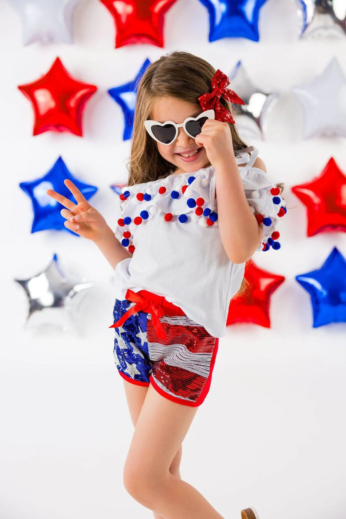 White Pom Pom Sequin Flag Short Set