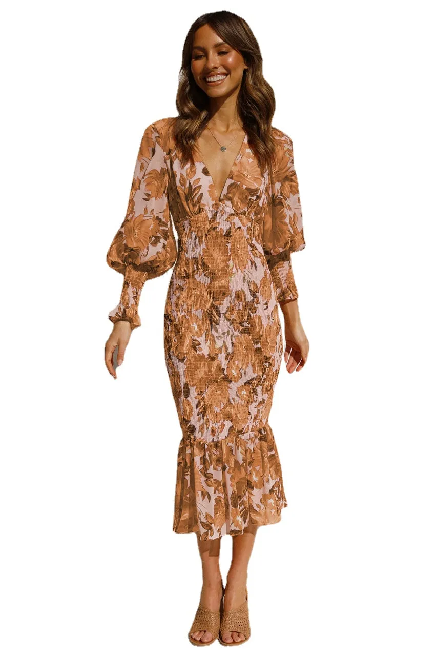 Womens Deep V Neck Ruffle Long Sleeve Floral Print Dress