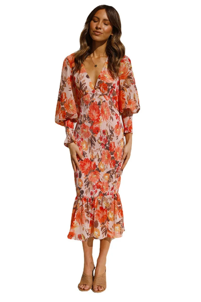 Womens Deep V Neck Ruffle Long Sleeve Floral Print Dress