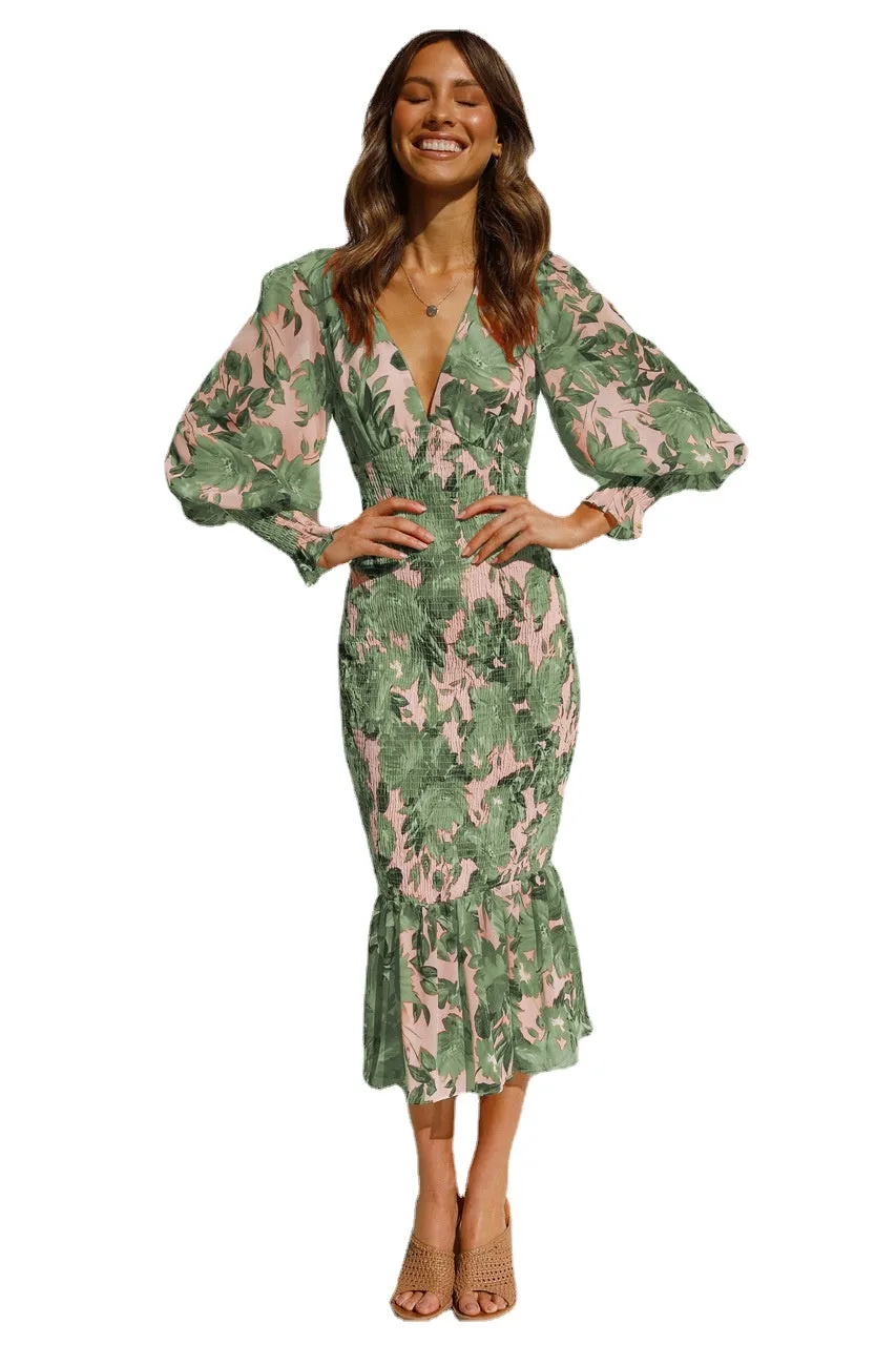 Womens Deep V Neck Ruffle Long Sleeve Floral Print Dress