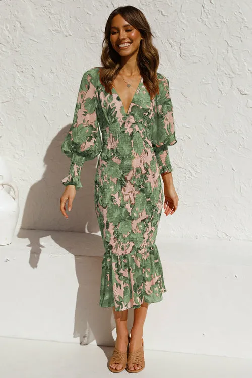 Womens Deep V Neck Ruffle Long Sleeve Floral Print Dress