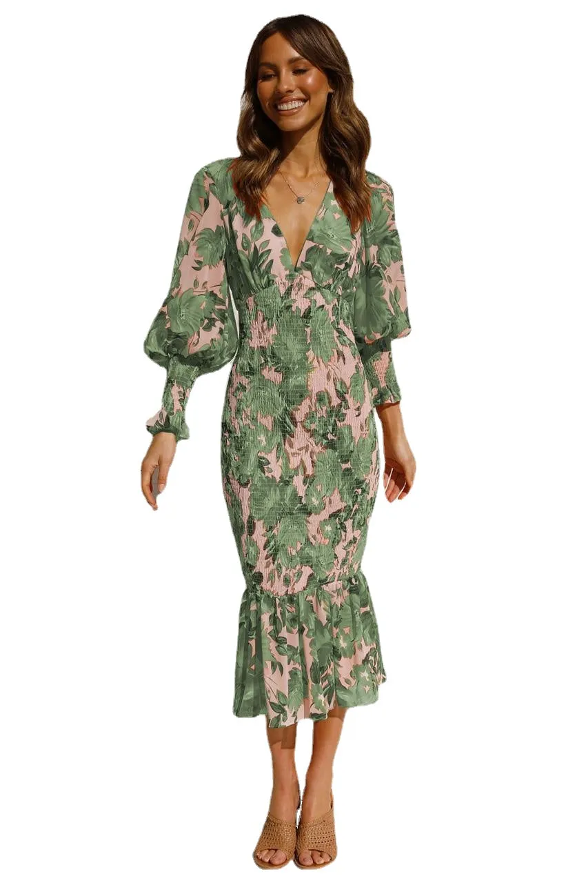 Womens Deep V Neck Ruffle Long Sleeve Floral Print Dress