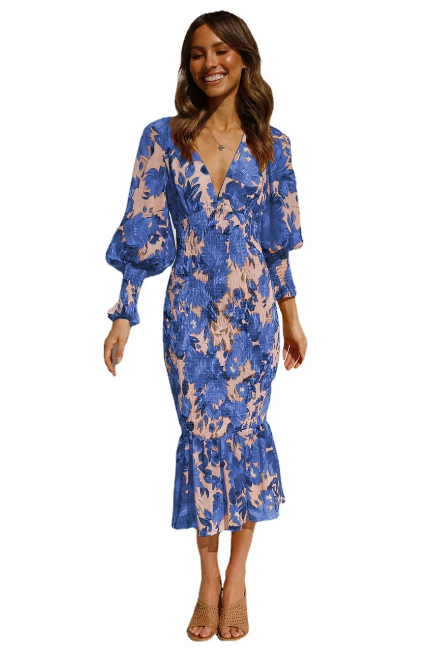 Womens Deep V Neck Ruffle Long Sleeve Floral Print Dress