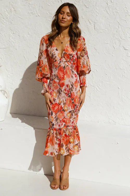 Womens Deep V Neck Ruffle Long Sleeve Floral Print Dress